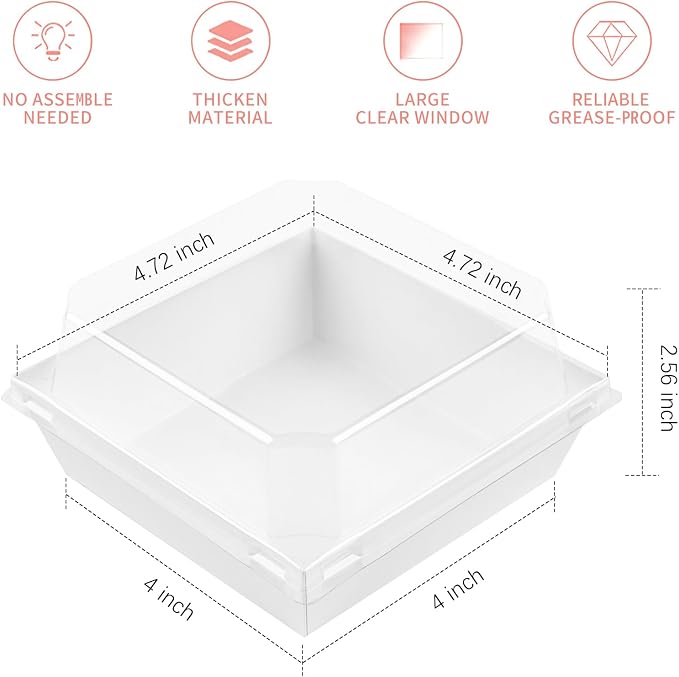 Ocmoiy White Charcuterie Boxes with Clear Lids 4x4 Inch, 100 Pack Square Kraft Bakery Cake Slice Boxes with Window, Dessert To Go Containers (100)