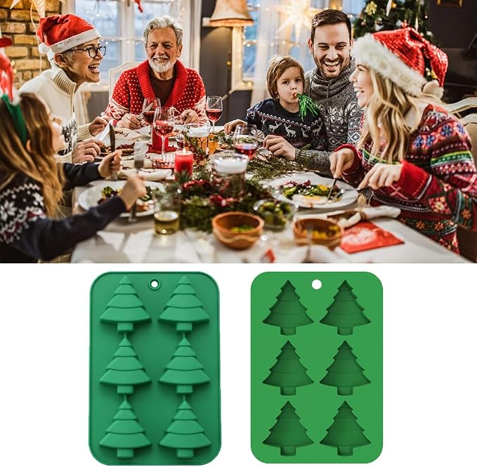 6 Cavities Silicone Cookies Biscuit Mold, Christmas Halloween Candy Mold, Reusable DIY Baking Mold Jelly Chocolate Mold, Ice Cube Tray Wax Melt Molds(Set of 2 Green Christmas Trees)