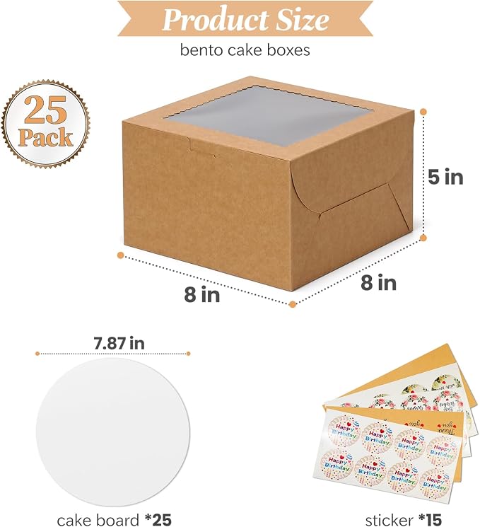 COTOPHER 50 Pcs Cake Boxes 8 Inch, 8x8x5 Inches Cake Containers (25 Boxes & 25 Boards), Brown Bakery Boxes with Windown for Cookies, Desserts, Cupcake, Pastries, Birthday, Wedding, Mother's Day