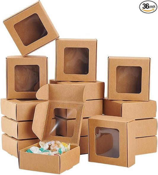 BENECREAT 36 Pack 3x3x1.2 Inch Brown Kraft Paper Gift Box with Clear Window for Multiple Occasions