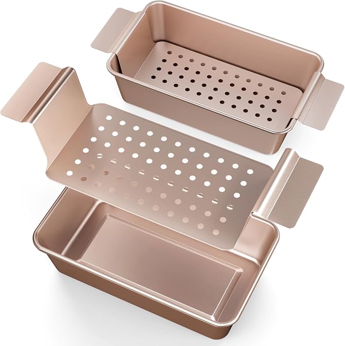 TLAZZ 2 Pack Meatloaf Pan with Drain Tray, Non Stick Meat Loaf Pan with Drip Tray, 9.4 x 5.5 Inch Loaf Pan for Baking Bread and Meatloaf, Gold