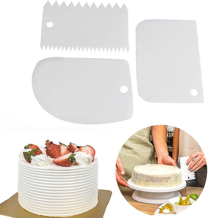 3 Pcs Cake Scraper Smoother Set, Cake Icing Smoother Tool for Cake Decorating, Plastic Dough Scraper Flexible Bowl Scraper for Baking