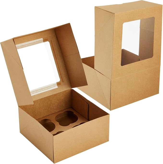 Juvale Cupcake Boxes - 6 x 6 in, 24 Count, Brown - 4-Cup Insert & Clear Window Cupcake Containers & Muffin Boxes