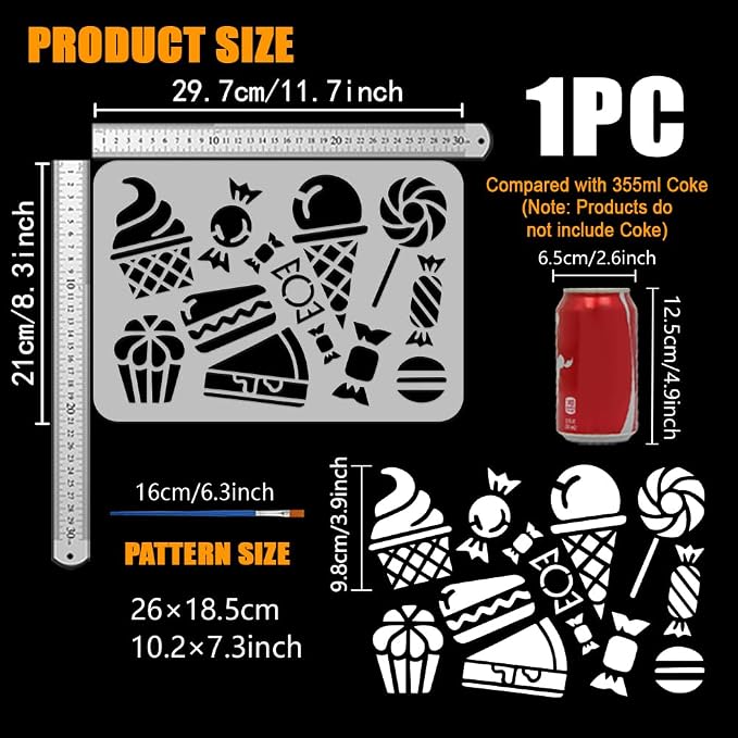 FINGERINSPIRE Desserts Stencils with a Paint Brush 11.7x8.3Inch Candy Lollipops Stencils Cake Ice Cream Pattern Stencil Macarons Painting Stencil Daily Themes Desserts Template for DIY Crafts