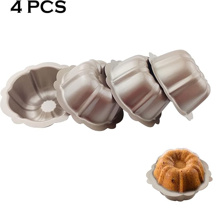 4 Inch Nonstick Mini Fluted Cake Pan, Metal Tube Baking Mold | Set of 4 Carbon Steel Pumpkin Shaped Bakeware for Cupcake, Muffin, Brownie, Pudding - Gold