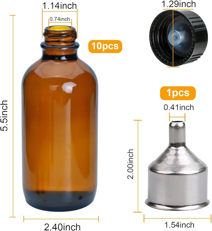 YINGERHUAN 8oz Glass Vanilla Extract Bottles,10 Pack Round Amber Glass Boston Bottles with Caps ， Stickers and Funnel ，Applicable to Essential Oils, Wedding, Christmas