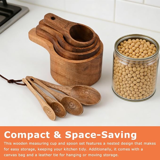 8-Piece Wooden Measuring Cups and Spoons Set, Laser-Engraved, Nesting Design, Measuring Spoons for Dry Ingredients, Kitchen Gadgets for Cooking and Baking