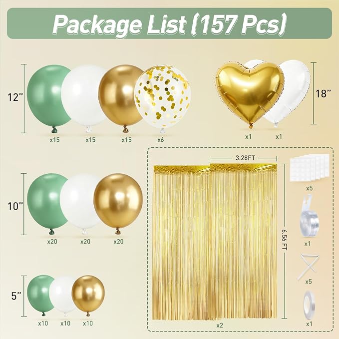 157PCS Sage Green White Gold Balloons Garland Arch Kit with Gold Fringe Curtain for Birthday Baby Shower Gender Reveal Bridal Shower Weddings Graduation Party Decorations