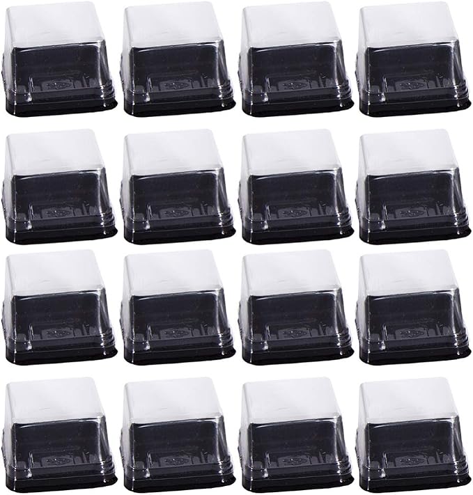100 Pcs Mini Cake Containers with Lids, 2.75" Square Mooncake Box for 50g Pastry, Clear Plastic Individual Cupcake Holder for Muffin, Egg-Yolk Puff, Dessert Display (Black)
