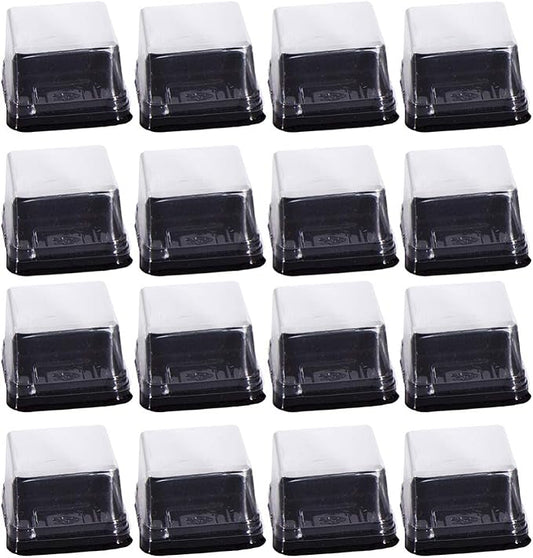100 Pcs Mini Cake Containers with Lids, 2.75" Square Mooncake Box for 50g Pastry, Clear Plastic Individual Cupcake Holder for Muffin, Egg-Yolk Puff, Dessert Display (Black)