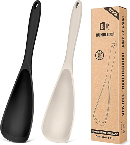 Pack of 2 Cooking Spoons for Non Stick Cookware, Multifunction Spatula Spoon BPA-Free, One-Piece Design, Suitable for Scooping, Scraping, Serving and Mixing(BLACK-KHAKI)