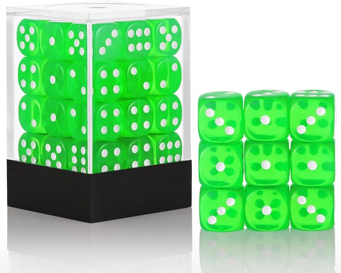 36 of Pack 12MM 6 Sided MINI Dice Set,Translucent Colors Game Dice Set, 6 Sided Standard Colored Dices for Tenzi, Farkle, Yahtzee, Bunco, with Portable Plastic Box(Green)