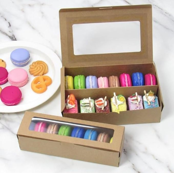Hewnda 50Pack Kraft Macaron Boxes with Clear Window,Gift Packaging for 5 to 7 Macarons, Perfect for Cookies, Chocolates, Candies, Desserts (Brown)
