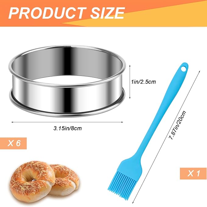 Catcan 6 Pieces English Muffin Rings, 3.15 Inch Stainless Steel Crumpet Ring Double Rolled Tart Nonstick Metal Round Molds with Silicone Oil Brush
