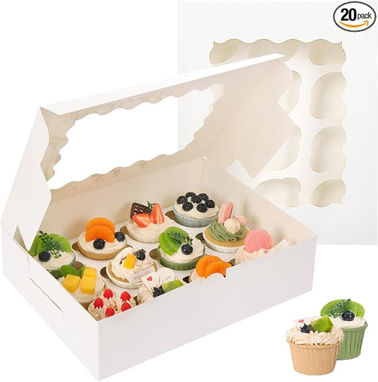 TOMNK 20pcs Cupcake Boxes, Cupcake Boxes 12 Count, 13x10x3.5 Inch White Containers Bakery Holders with Windows and Inserts to Fit Muffins, Cookies