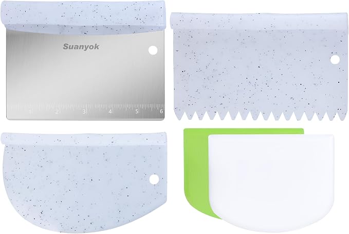Suanyok Bench Dough Cutter-Flexible Plastic Bowl Scraper Kitchen Tool,White | Bread/Pastry/Pizza/Flour/Cheese/Food/Vegetable Chopper,Stainless Steel,5-Piece Set,Dishwasher Safe