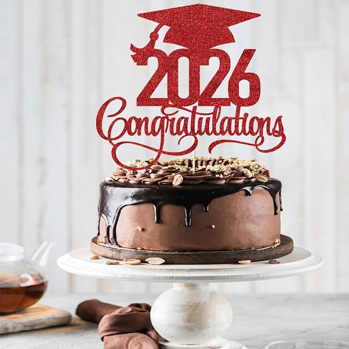 Glitter 2026 Congratulations Graduation Cake Topper,Congrats Grad Cake Decor - 2026 High School/College/Senior Graduation Party Decorations Supplies (2026 Congratulations red)
