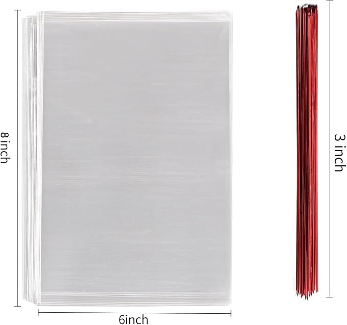 MoloTAR 200 Pcs 6 in x 8 in(1.4mil.) Clear Flat Cello Cellophane Treat Bags Good for Bakery, Cookies, Candies,Dessert with five random color Twist Ties!