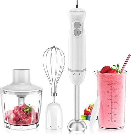 Bonsenkitchen Hand Blender, Immersion Blender with 2 Mixing Speed, 4-In-1 Handheld Stick Mixer with Egg Whisk, Beaker & Chopper Bowl for Baby Food, Soups, Smoothies, White
