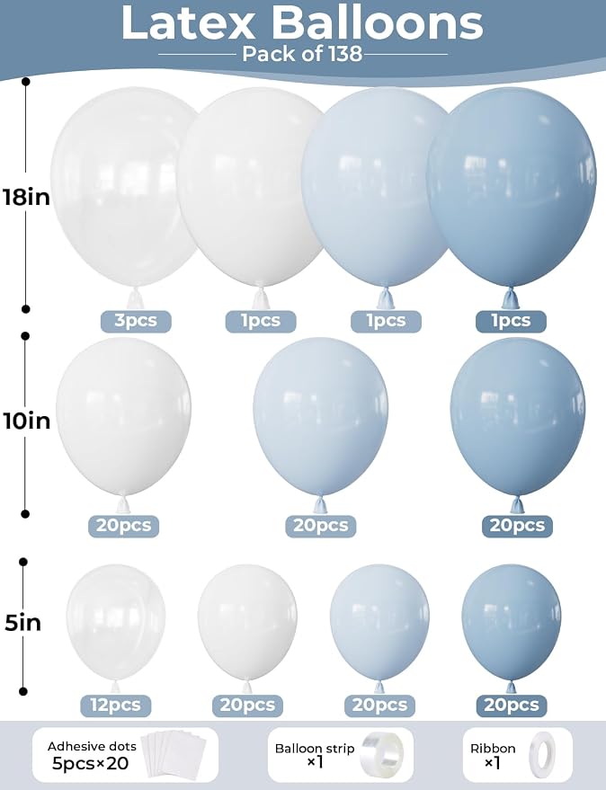 Dusty Blue Balloon Arch Kit, 138PCS Blue and White Balloon Garland Arch Kit with Light Blue, White and Clear Balloons for Baby Shower, Bridal Shower, Wedding, Gender Reveal Party Decorations