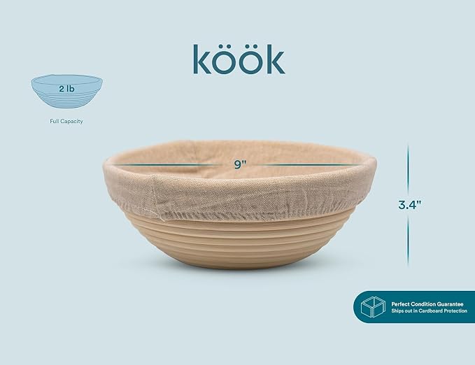 Kook Banneton Bread Proofing Set, Artisan Sourdough Bread Making Kit, 9 Inch Handwoven, Rattan Basket and Liner, Metal & Plastic Dough Scrapers, Scoring Lame & Case, 4 Extra Blades, Round