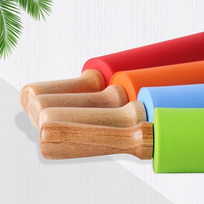 1 Piece Small Silicone Rolling Pin Nonstick Silicone Roller Pin Wooden Handle Pizza Roller Tortilla Dough Roller for Baking Home Kitchen Cake Bread Cookie Dumpling, 9 Inch, Red