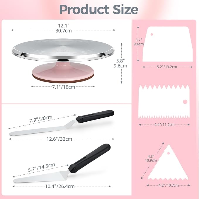 Ohuhu Cake Turntable, Aluminium 12'' Cake Decorating Kit Supplies Rotating Stand Revolving Spinner with 2 Icing Spatula 3 Comb Smoother Perfect Gifts