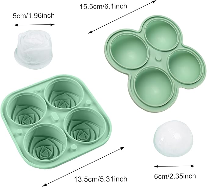 QELEG 2pcs Large Silicone Ice Cube Trays, 2.35 inches Ice Ball Maker with Lids & 2 inches 3D Rose Ice Molds for Gift, Drinks, Coffee, Cocktails, and Whiskey Set of 2, Green, Sphere and Rose