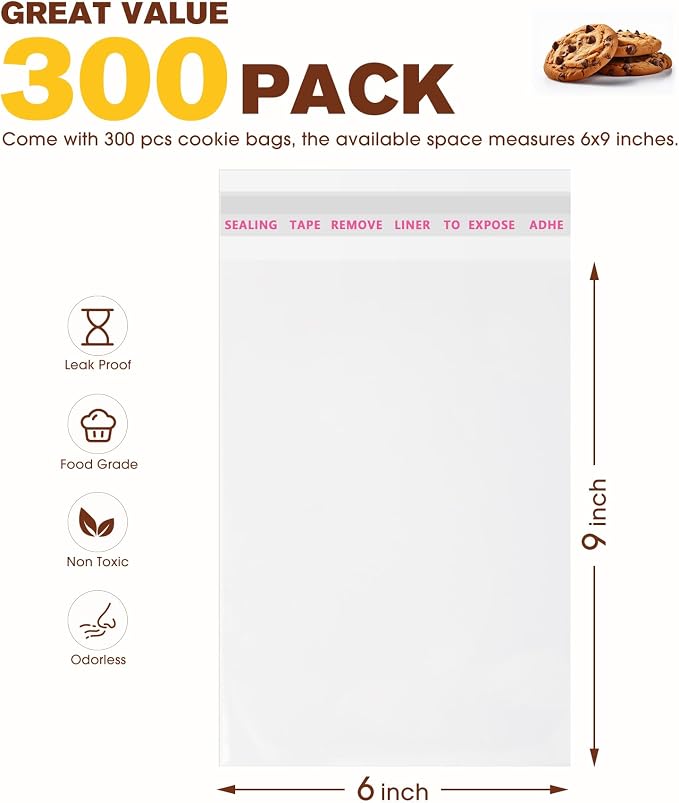 300 Pcs Clear Self Sealing Cellophane Bags, 6x9 Inches Cookie Bags Resealable Cellophane Bag for Packaging Cookies, Candy, Gifts, Favors and Products, 3 Mils Individual Self Adhesive Wrappers