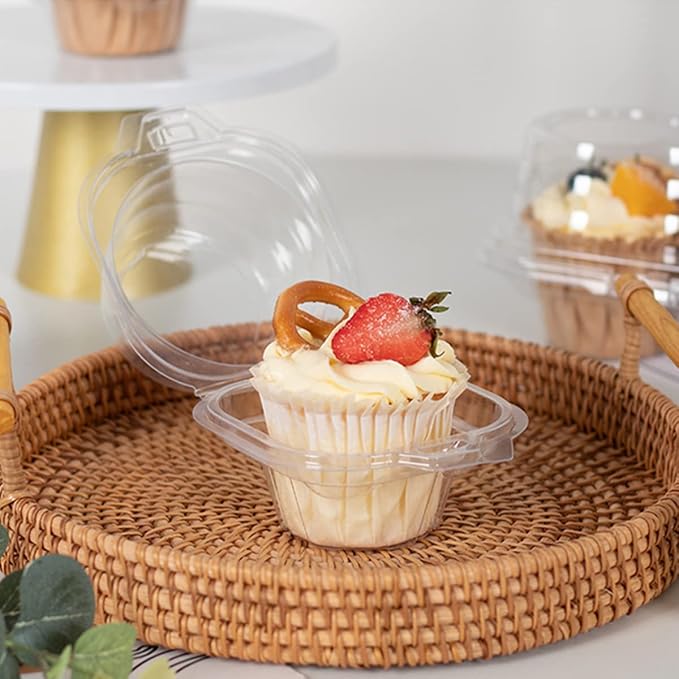 i-CHONY Individual Cupcake Container,100 pcs Cupcake Holder with Dome Lid,Disposable Clear Single Cupcake Holders Cases Boxes for Muffin,Cookies,Desserts,Hot Cocoa Bombs,Mini Bundt Cakes