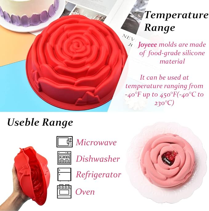 Joyeee 9.4'' Rose Flower Cake Mold Pan, Silicone Baking Mold for Birthday Cake, Muffin, Bread, Pie, Flan, Tart, Mousse, Cheesecake - Non-Stick Baking Trays - Great For Parties, Holidays