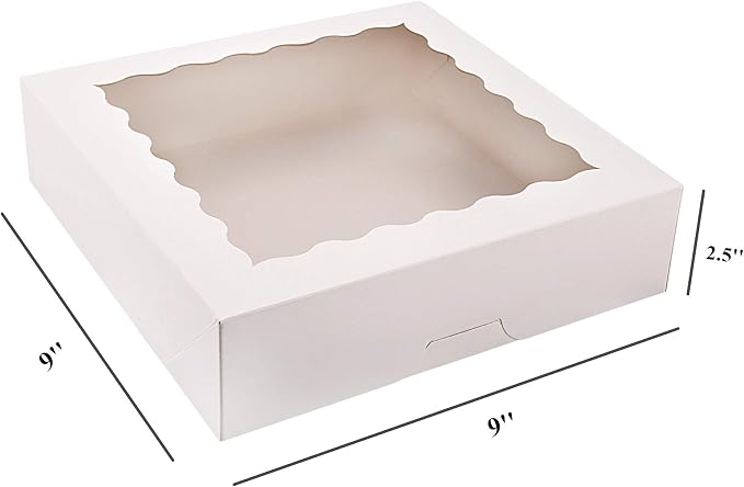 Tcoivs 20-Pack Pie Boxes with Window, 9" x 9" x 2.5", Auto-Popup Cookie Boxes, White Bakery Boxes for Muffins, Donuts and Pastries