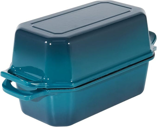Flavehc Bread Pan Cast Iron Loaf Pan with Lid Bread Loaf Pan 8.5x4.5 Inch Loaf Pan Enameled Cast Iron Sourdough Loaf Pan, DarkCyan