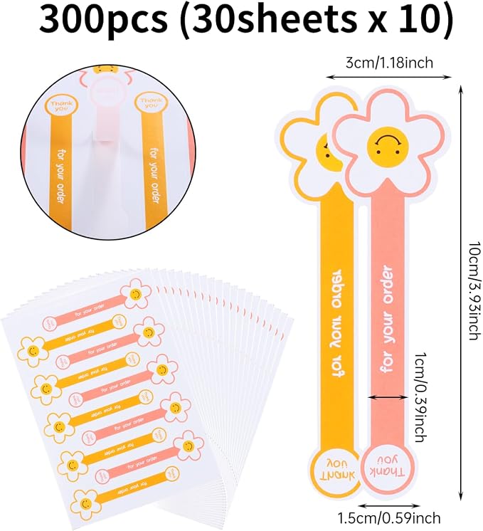Beyonday 300pcs Handmade Lollipop Baking Stickers for Cake Box/Tins/Jars/Coffee Cups/Bottles, Long Label Flower Sealing Bakery Stickers for Gift Wrapping Self-Adhesive Tamper Evident Seal Labels