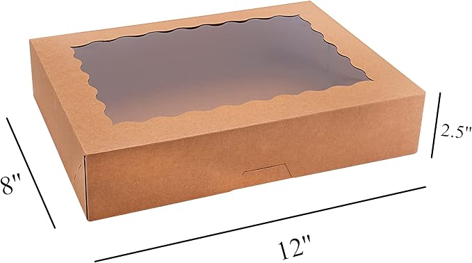 Tcoivs 20-Pack Bakery Boxes with Window, 12" x 8" x 2.5" Cookie Boxes, Treat Boxes, Large Donut Boxes for Muffins and Pastries (Brown)