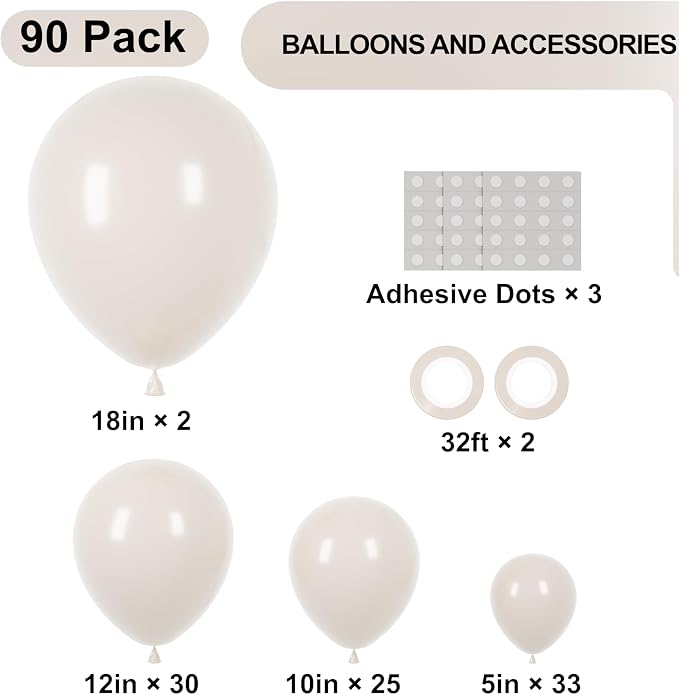 Voircoloria 90pack White Sand Balloons Different Size 18/12/10/5 Inch Sand White Balloon Garland Arch Kit for Wedding, Bridal, Baby Shower, Birthday, Graduation, Anniversary, Bachelorette Decorations
