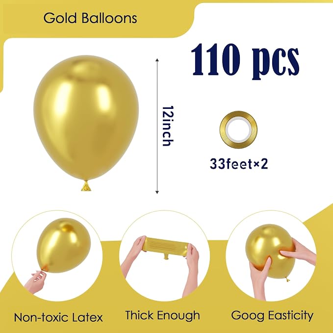 Voircoloria 110pcs Metallic Gold Balloons 12inch Chrome Gold Latex Party Balloons for Graduation, Wedding, Birthday, New Year, Baby Shower, Anniversary Party Decorations