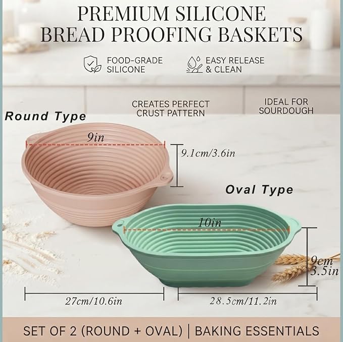 2-Pack Silicone Bread Proofing Basket,10" & 9" Collapsible Banneton for Sourdough, Non-Stick Dishwasher Safe Alternative to Rattan, Professional Baking Supplies (Round Pink+Oval Green)