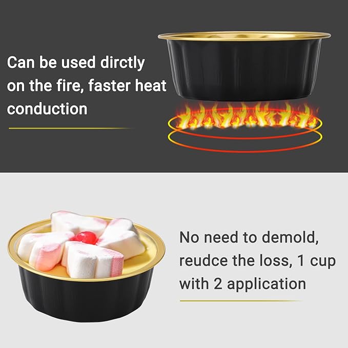 Beasea Disposable Ramekins with Lids, 8 oz 50 Pack Black Gold Aluminum Foil Cups, Disposable Creme Brulee Muffin Cupcake Baking Cup Mini Pudding Cups for Party Wedding Birthday