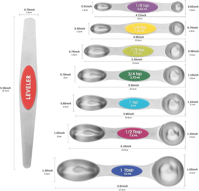 Set of 8 Stainless Steel Magnetic Measuring Spoons Set with Leveler,Dual Sided Stackable Steel Metal Teaspoons for Baking & Cooking Kicchen Accessories (Color)