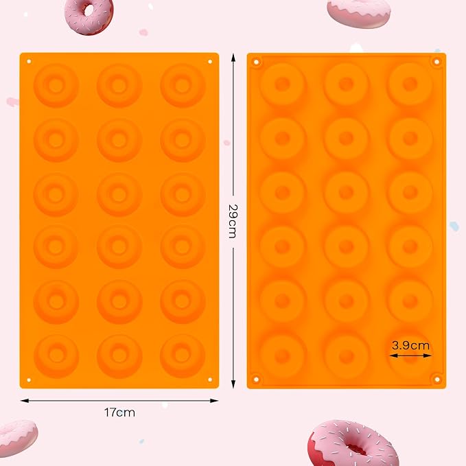 2er Pack Silicone Donut Mold - Non-Stick Silicone Doughnut Pan DIY Chocolate Baking Cookie Molds, Heat Resistant, Make Donut Cake Biscuit Bagels, BPA Free Dishwasher Safe (orange, 18 Cavities)