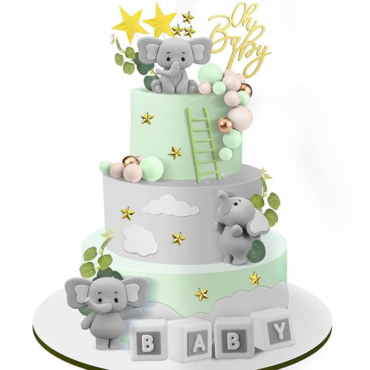 Yinder Bear Cake Toppers Mini Bear Cake Decorations Cake Toppers Gold White Pearl Ball for Birthday Party Decorations(Green,Elephant Style)