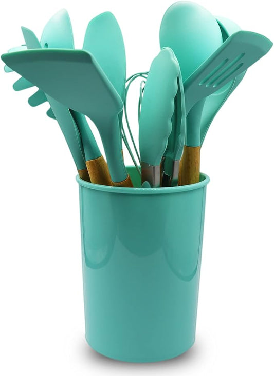 Cheer Collection 12 Piece Silicone Spatula Set with Wooden Handles - Non-Stick Silicone Utensils for Cooking, Aqua