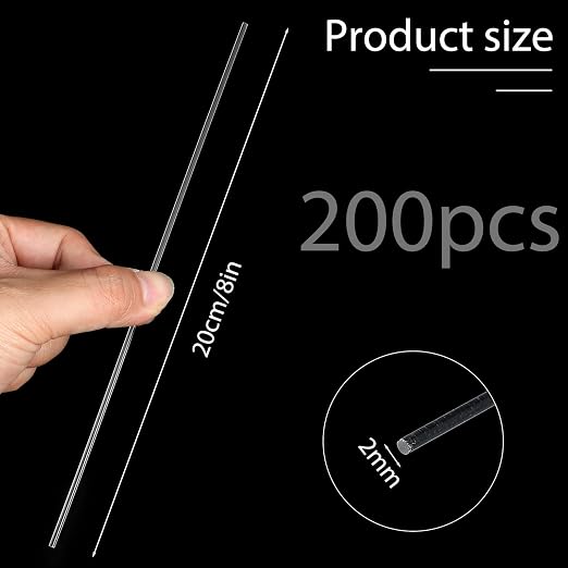 200 Pcs 8 Inch Clear Acrylic Rod 2 mm Clear-Acrylic Dowel Rods Cake Topper Sticks Clearly Round Plastic Rods Cake Dowels for Plant Stakes Curtain Pulls Retaining Rods Shower-Rod