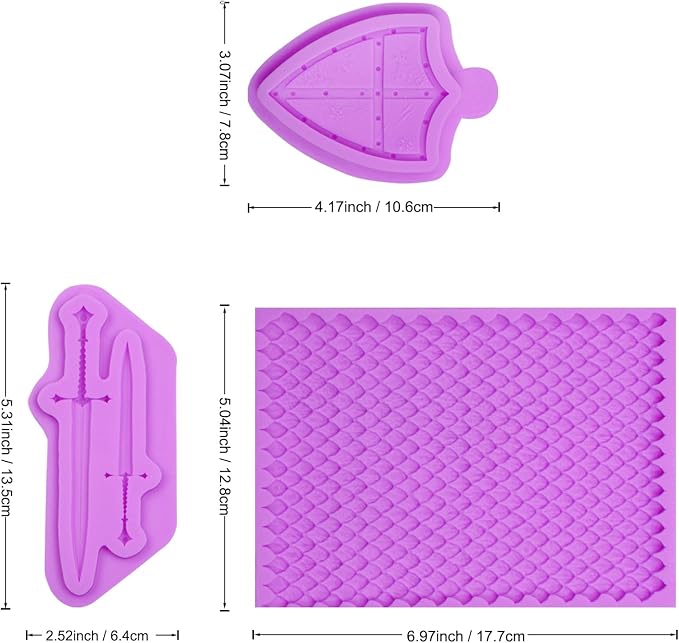 Medieval Fantasy Silicone Molds Set, 3-Pieces Shield Sword Scale Pattern Fondant Chocolate Molds for Cake Decorating Kit Cupcake Topper Resin Polymer Clay Crafts