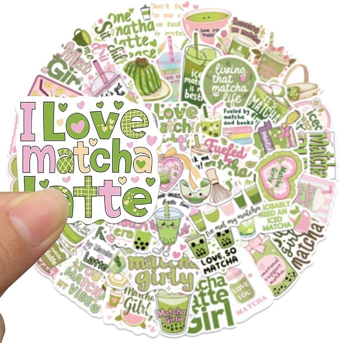 Cute Love Matcha Aesthetic Stickers for Girls, 50PCS Funny Pink Green Vinyl Waterproof Sticker for Water Bottle Scrapbook Laptop Journal Decals, Matcha-Beverage Decoration, Party Favors