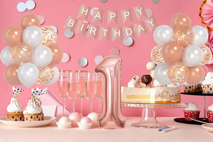 Rose Gold 40inch Number 1 Balloon, First Birthday Decorations For Girl With Rose Gold White Confetti Balloons, Happy Birthday Banner Large 1 Balloon For Baby Girl Princess Birthday Party Decor