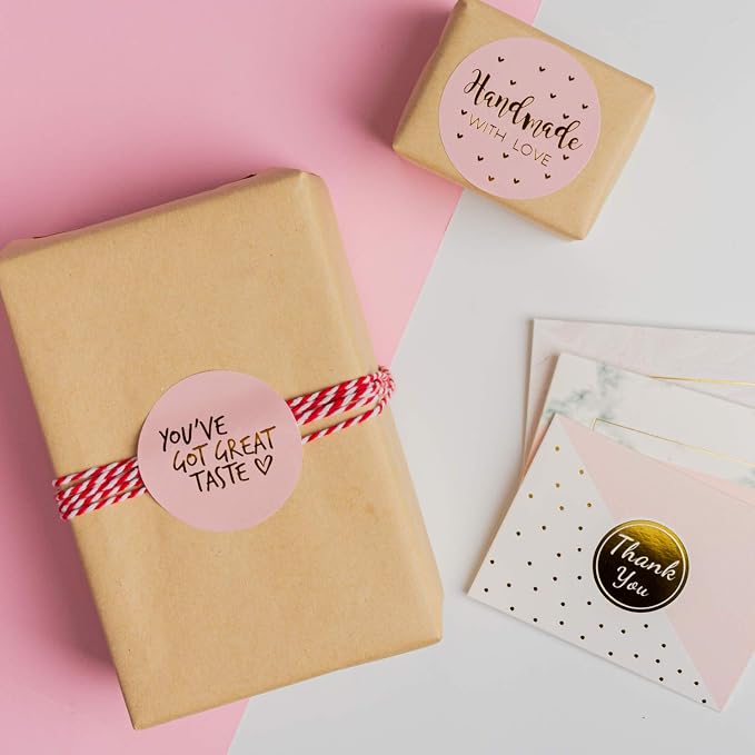 WRAPAHOLIC 2 Inch 500 Total Labels - Handmade Business Gift Sticker - Pink with Gold Foil Sticker for Shopping Small Shop Handmade