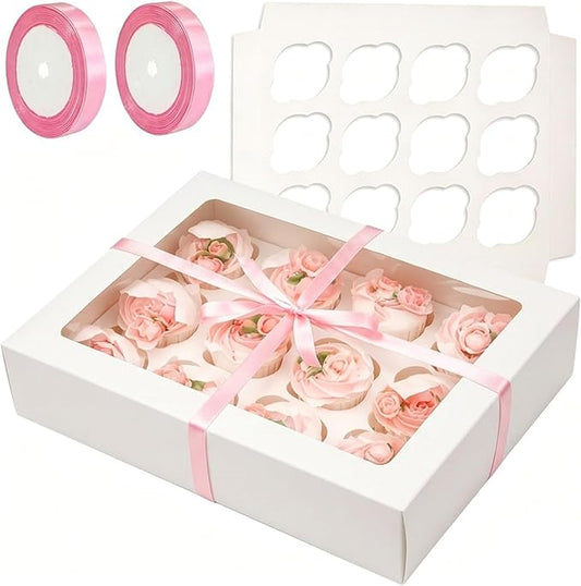 Bakepacker Auto-pop Up Cupcake Boxes with Window White 40PCS 12 Count Cupcake Box 13"x10"x3.5" Cupcakes Carrier, 12 Cupcake Containers with 2 rolls of pink ribbons