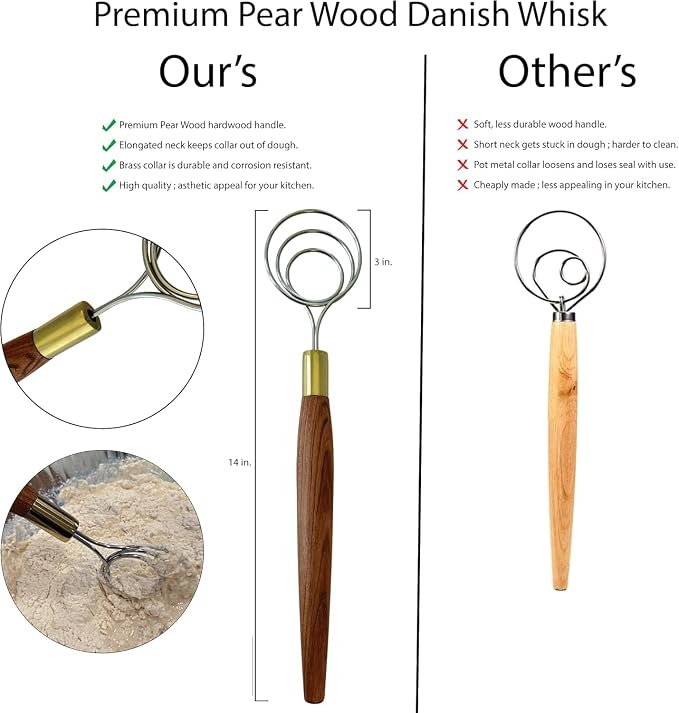 Danish Dough Whisk for Sourdough - 14” Stainless Steel Dough Mixer, Premium Wood Handle - Dutch Whisk for Bread, Bread Making Tools